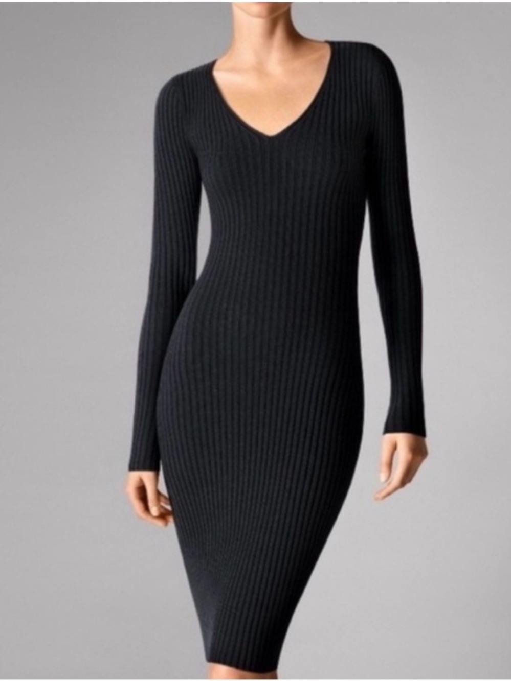 Wolford Black Ribbed V-Neck Long Sleeve Midi Dress